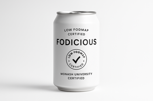 Low fodmap monash certified canned drink with fodicious logo in a minimalist white packaging